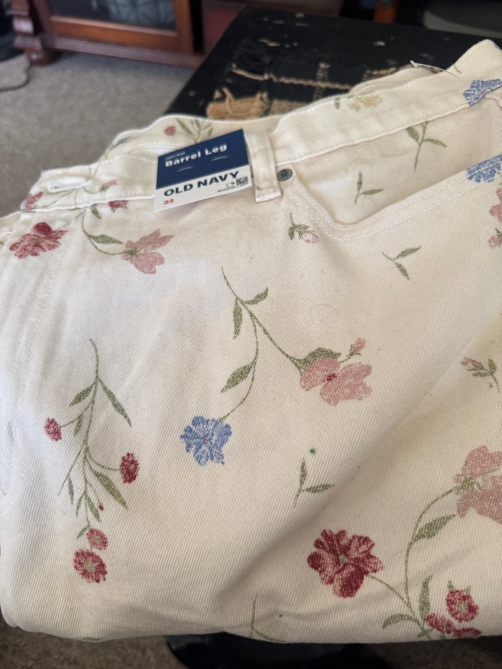 Old Navy Cream Floral Barrel-Leg Jeans with Pink & Blue Flowers